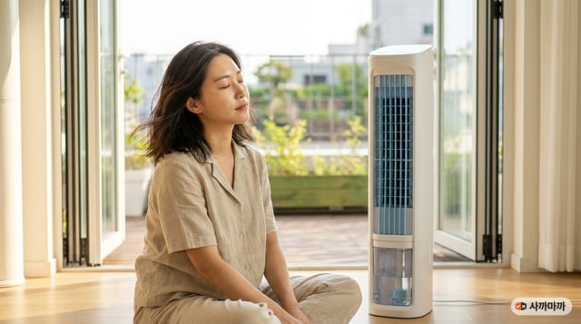 베란다 문을 활짝 연 거실에서 타워형 냉풍기 바람을 쐬는 한국인 여성