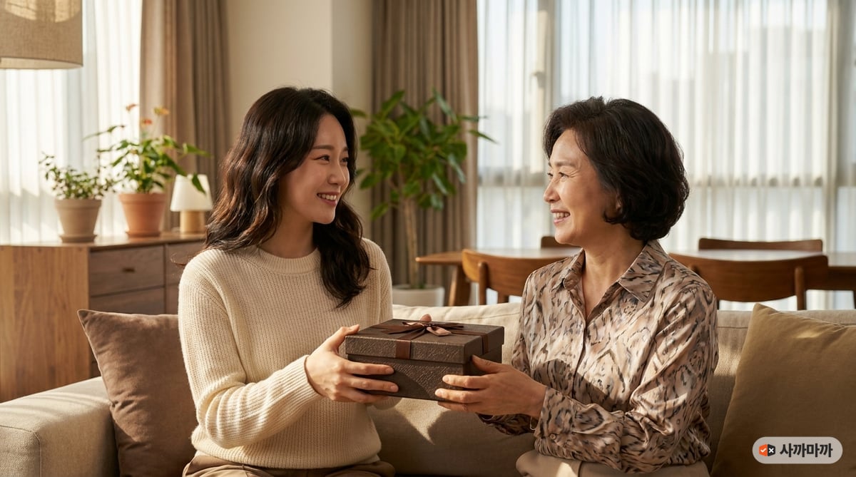 60대 어머니에게 흑염소진액 선물세트를 두 손으로 건네는 30대 딸, 거실 창가의 따뜻한 오후 햇살