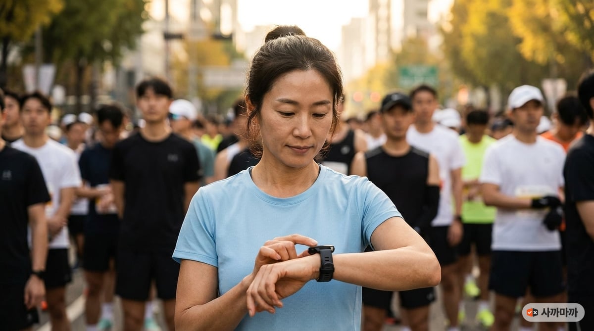 마라톤 출발선에서 손목의 가민 러닝워치를 확인하는 40대 여성 러너