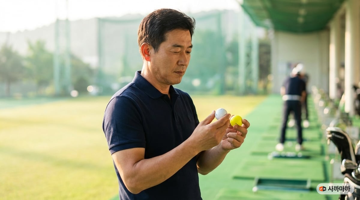 골프 연습장에서 두 개의 골프공을 비교하며 살펴보는 40대 한국인 남성. 폴로셔츠를 입고 진지한 표정으로 공을 검토하고 있다.