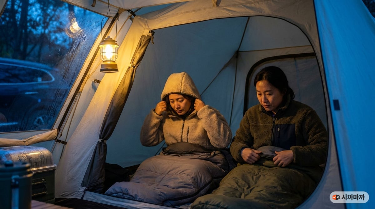 가을 밤 텐트 안에서 침낭을 준비하는 한국인 부부