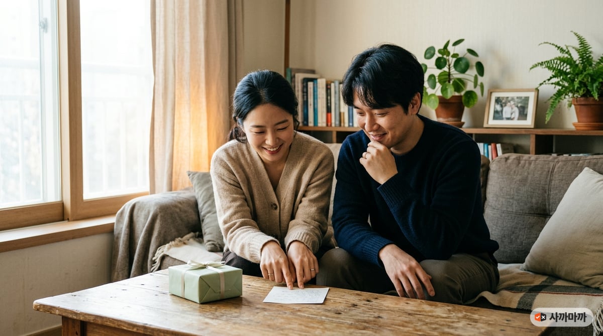 거실 테이블에 선물 상자와 메모를 두고 함께 확인하며 웃는 30대 커플