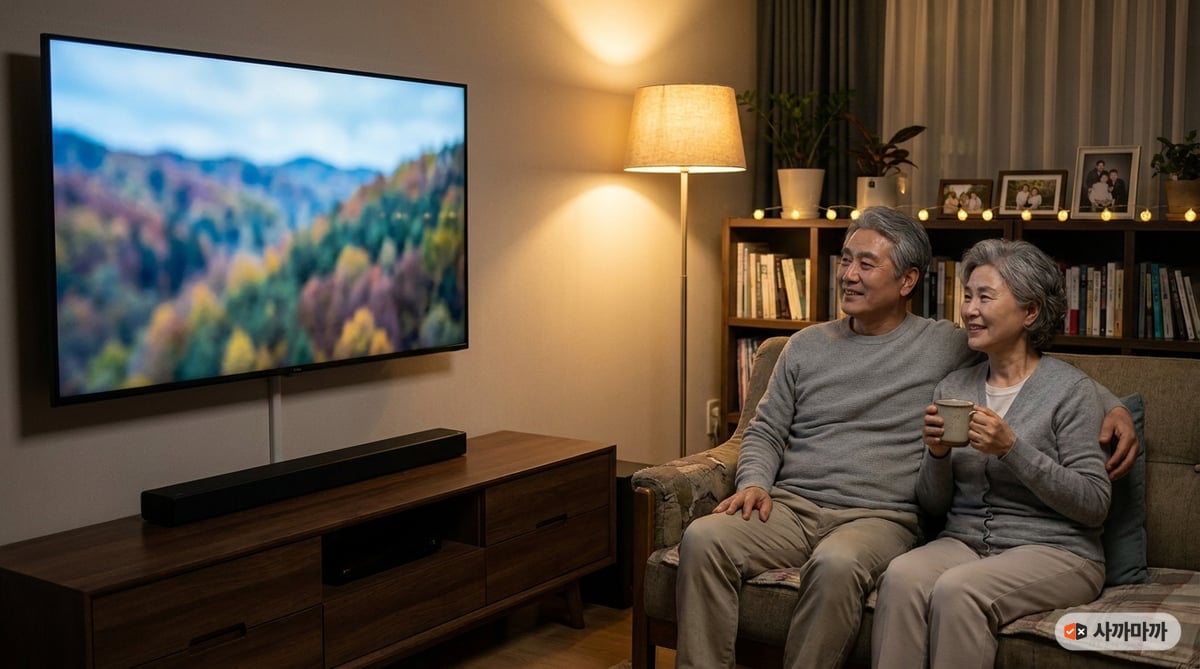 거실 소파에서 60대 노부부가 사운드바가 설치된 TV를 편안한 볼륨으로 시청하는 장면