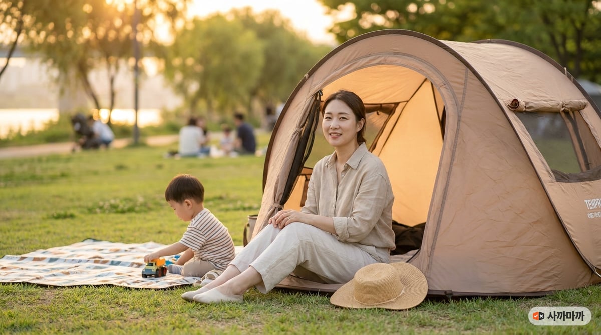 주말 공원에서 원터치텐트를 펴 놓고 쉬는 가족