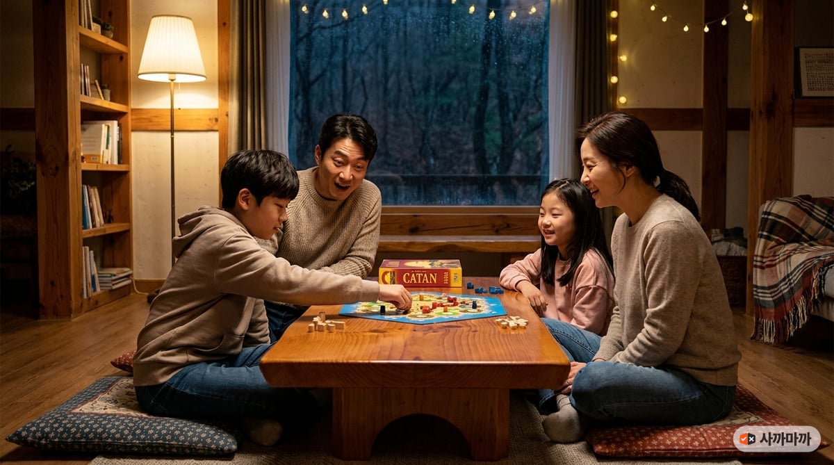 가족이 한 테이블에 둘러앉아 보드게임을 하는 모습