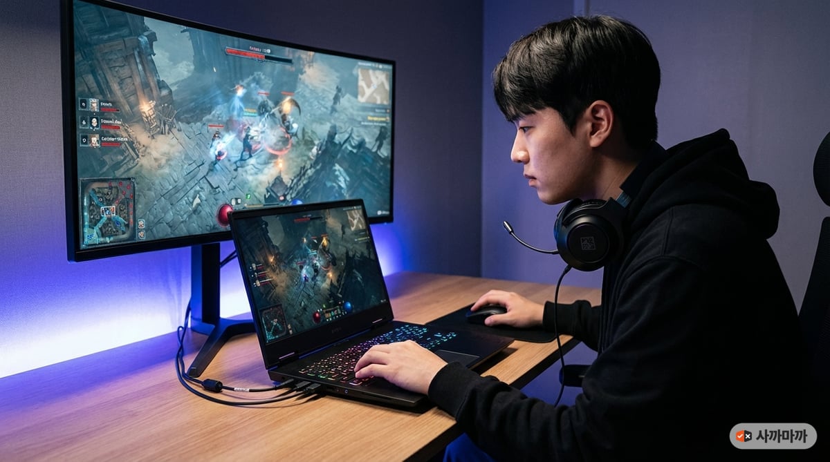 어두운 방에서 HP OMEN MAX 16 게이밍 노트북으로 게임하는 한국인 게이머
