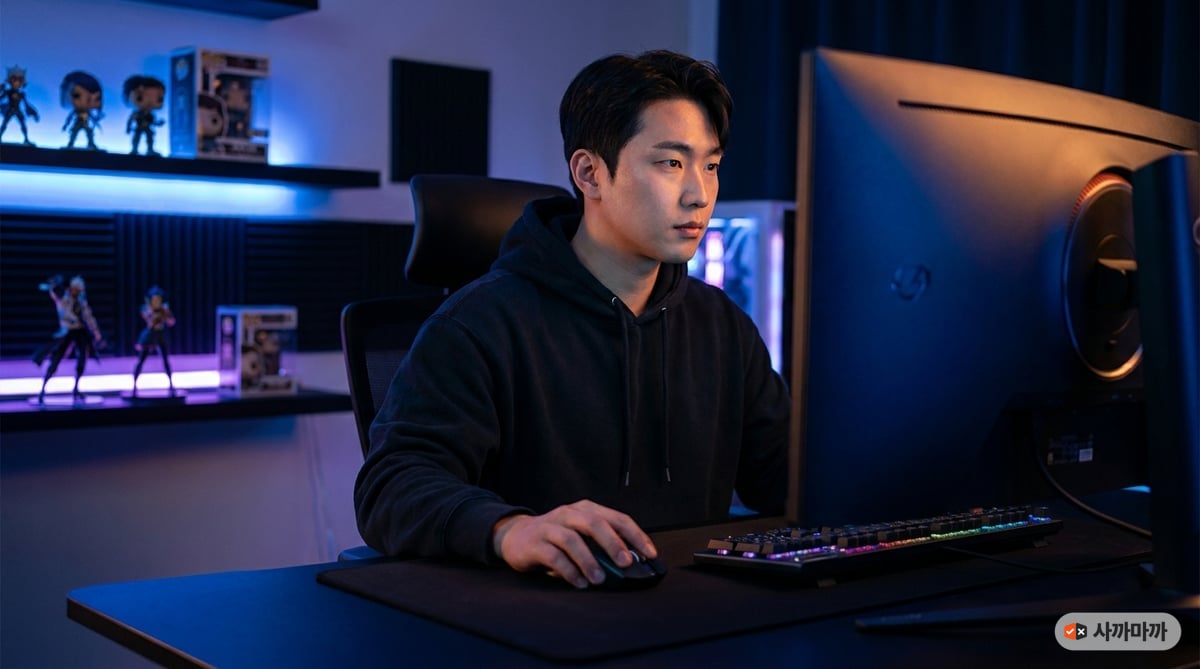 밤 게이밍 데스크에서 무선 마우스로 FPS 게임에 집중하는 20대 한국인 게이머