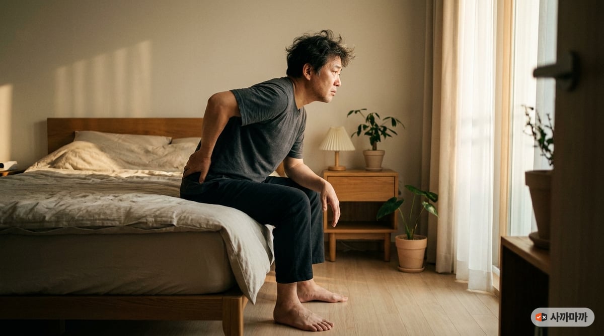 아침에 침대 가장자리에 앉아 손으로 허리를 짚고 있는 40대 한국인 남성