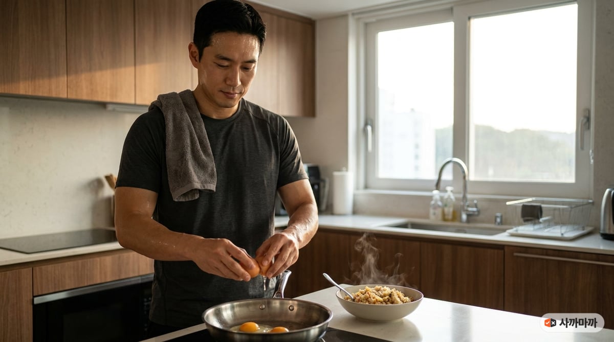 운동을 마친 30대 후반 한국 남성이 주방에서 데운 볶음밥 옆 팬에 계란 두 개를 깨 넣는 모습