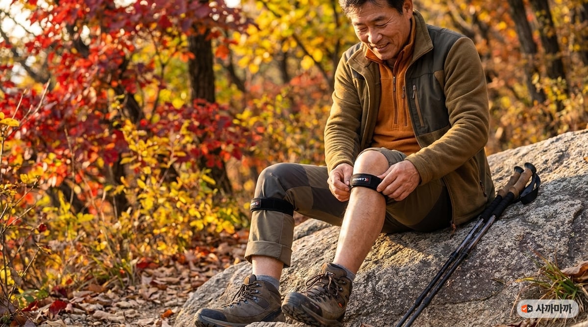 가을 단풍 등산로 바위에 앉아 하산 전에 슬개골 밴드형 무릎보호대를 착용하는 50대 한국인 남성 등산객