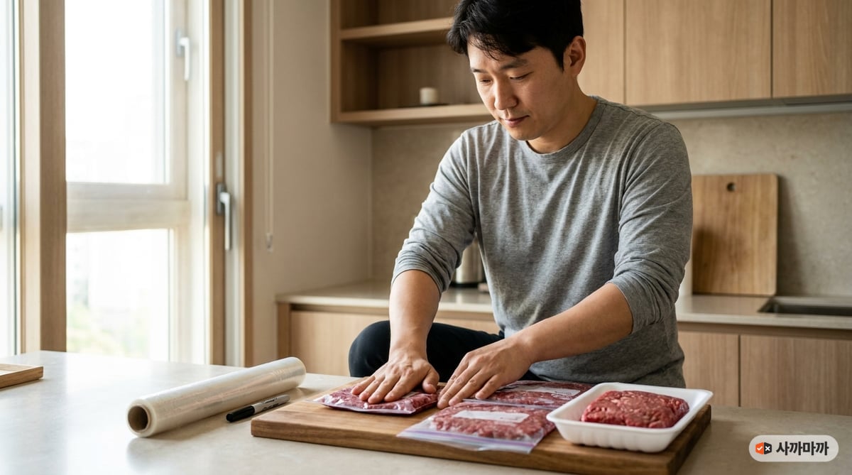 주방에서 한우 다짐육을 소분해 납작하게 얼리는 모습