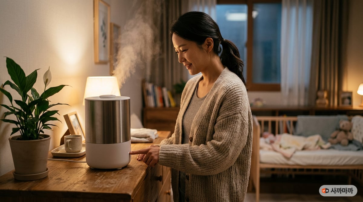 저녁 아기 방에서 30대 엄마가 아기 침대와 떨어진 서랍장 위 가열식 가습기를 켜는 모습