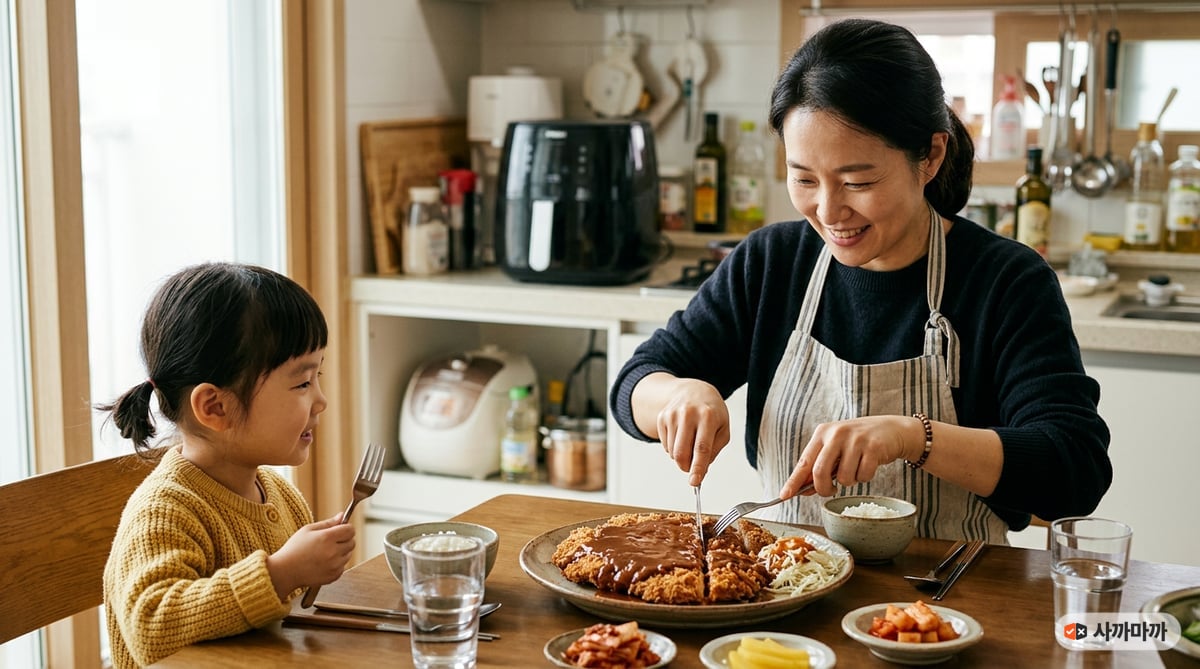 밝은 주방 식탁에서 엄마가 아이 앞에서 소스를 얹은 커다란 돈까스를 한 입 크기로 썰어 주는 모습, 뒤 조리대에 에어프라이어