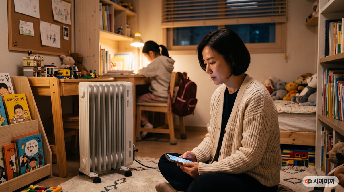 겨울 저녁 아이가 숙제하는 작은 방에 오일 라디에이터를 켜 두고 휴대폰으로 전기요금을 확인하는 엄마
