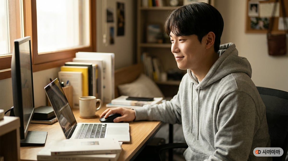 자취방 책상에서 노트북과 모니터를 함께 쓰며 무선 마우스를 잡고 있는 20대 초반 한국인 대학생