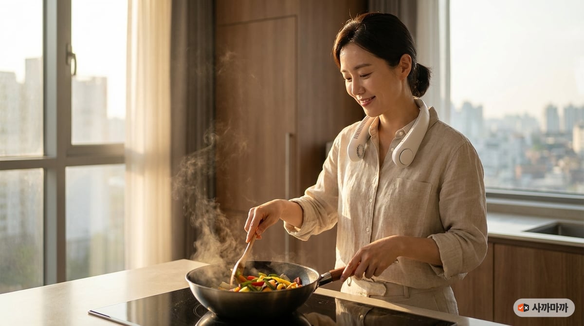 여름철 주방에서 요리하며 흰색 넥풍기를 착용한 30대 한국인 여성, 핸즈프리 냉방 사용 예시