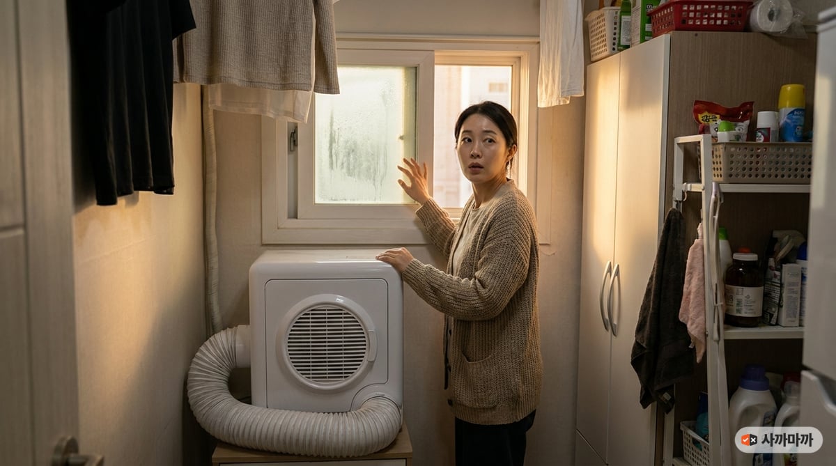배기 호스를 방 안에 둔 미니 건조기 때문에 창문에 습기가 맺힌 원룸을 살펴보는 한국인 여성