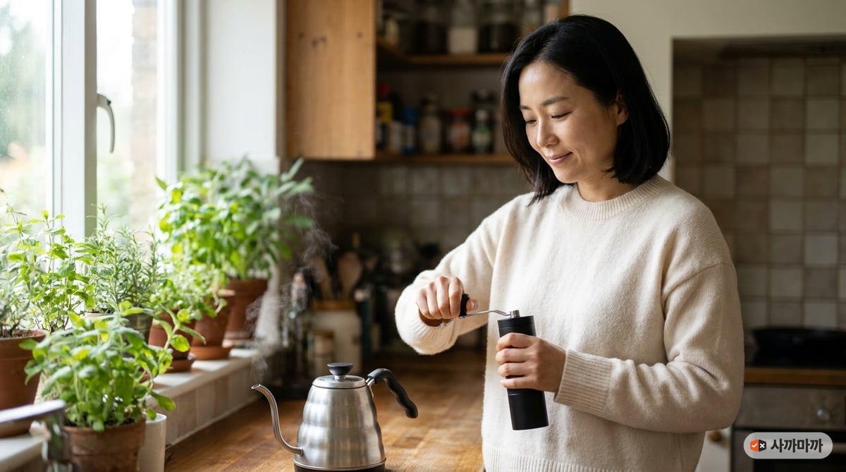 아침 주방에서 수동 커피 그라인더 손잡이를 돌리는 30대 후반 한국 여성, 옆에는 김이 오르는 드립 주전자