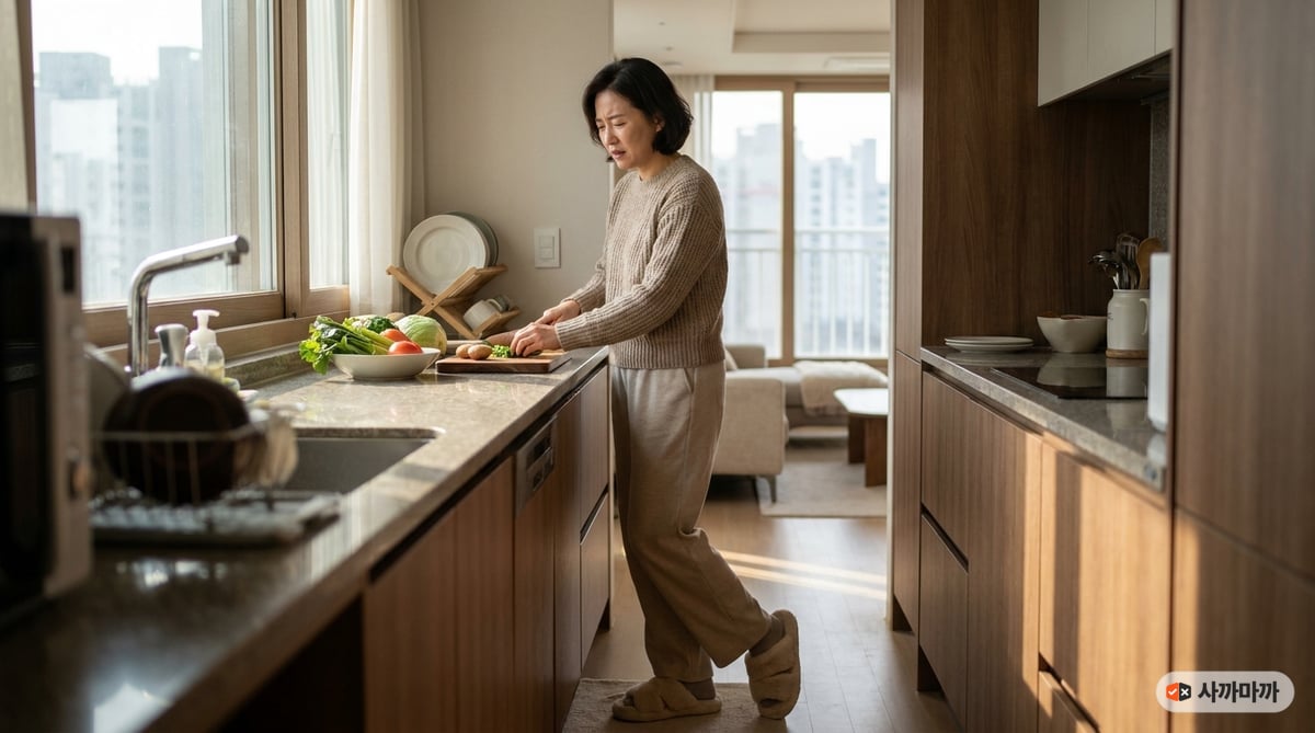 주방에서 오래 서서 일하다 한쪽 발에 무게를 옮겨 딛는 40대 한국인 여성 — 실내에서 종일 서 있는 발의 부담을 보여주는 장면