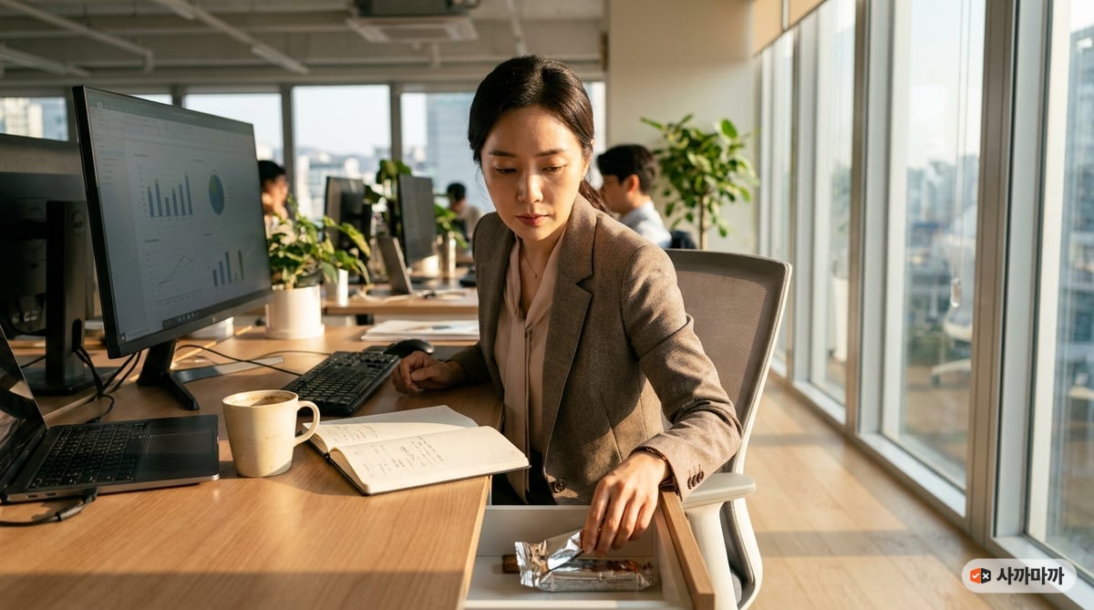 30대 후반 한국 여성이 늦은 오후 사무실 책상 서랍에서 작은 단백질바를 꺼내 뜯는 모습