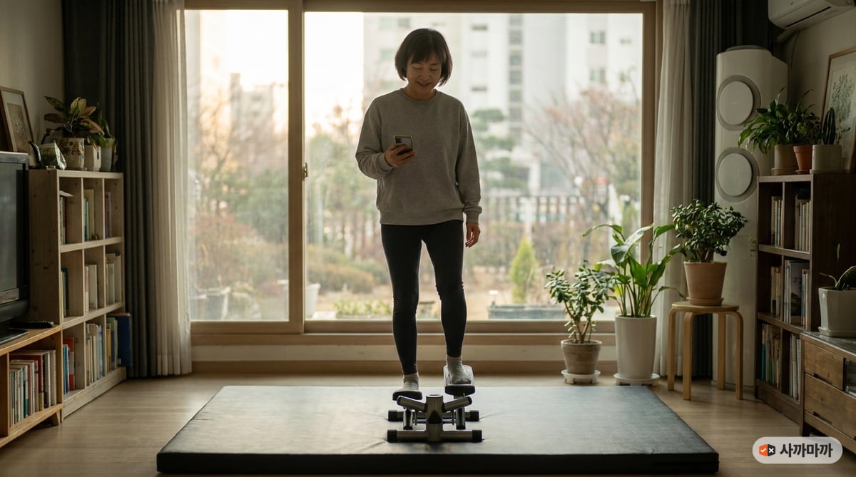 40대 후반 한국 여성이 이른 아침 거실 창가에서 두꺼운 매트 위에 놓인 미니 스텝퍼를 밟으며 휴대폰을 보는 모습