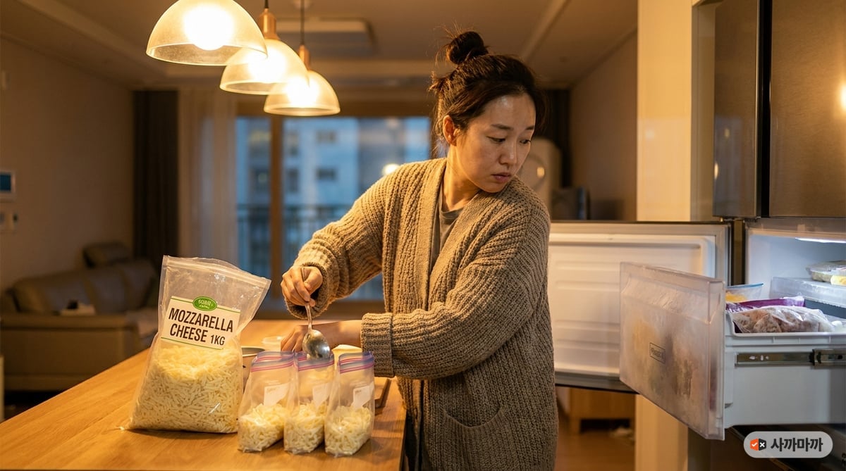 1kg 슈레드 모짜렐라 치즈를 지퍼백에 소분해 냉동실에 넣는 모습