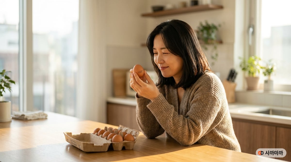 주방에서 계란 껍데기의 난각번호를 확인하는 30대 여성