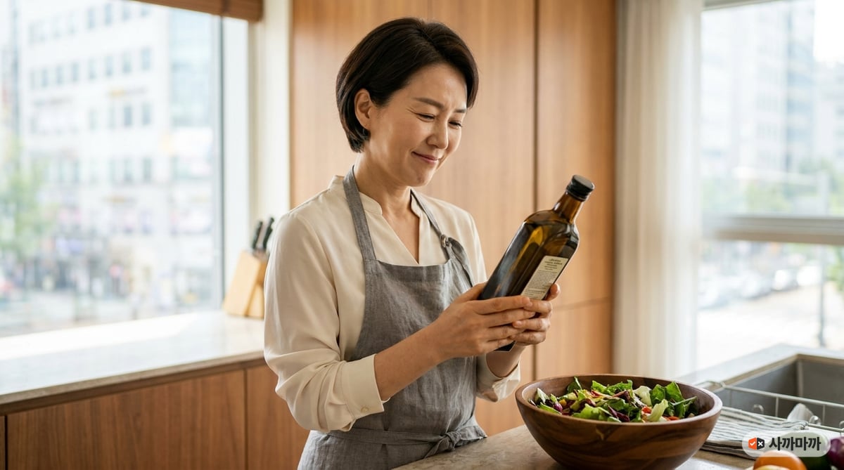 주방에서 올리브오일 병 뒷면 라벨을 읽는 40대 여성