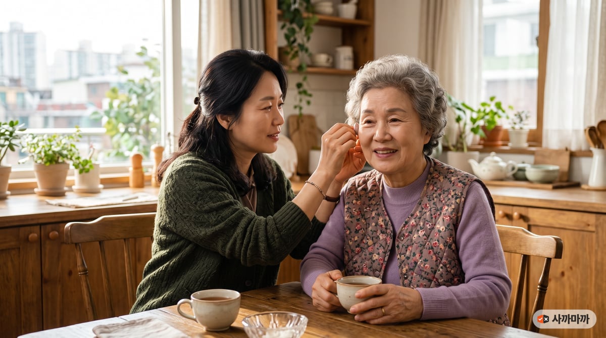 아침 부엌 식탁에서 40대 딸이 70대 어머니 귀에 작은 귓속형 기기를 끼워 드리는 장면