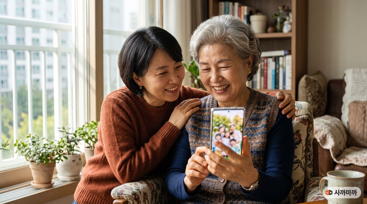 햇살 드는 창가에서 70대 어머니와 40대 딸이 큰 스마트폰으로 손주 사진을 보며 웃는 장면