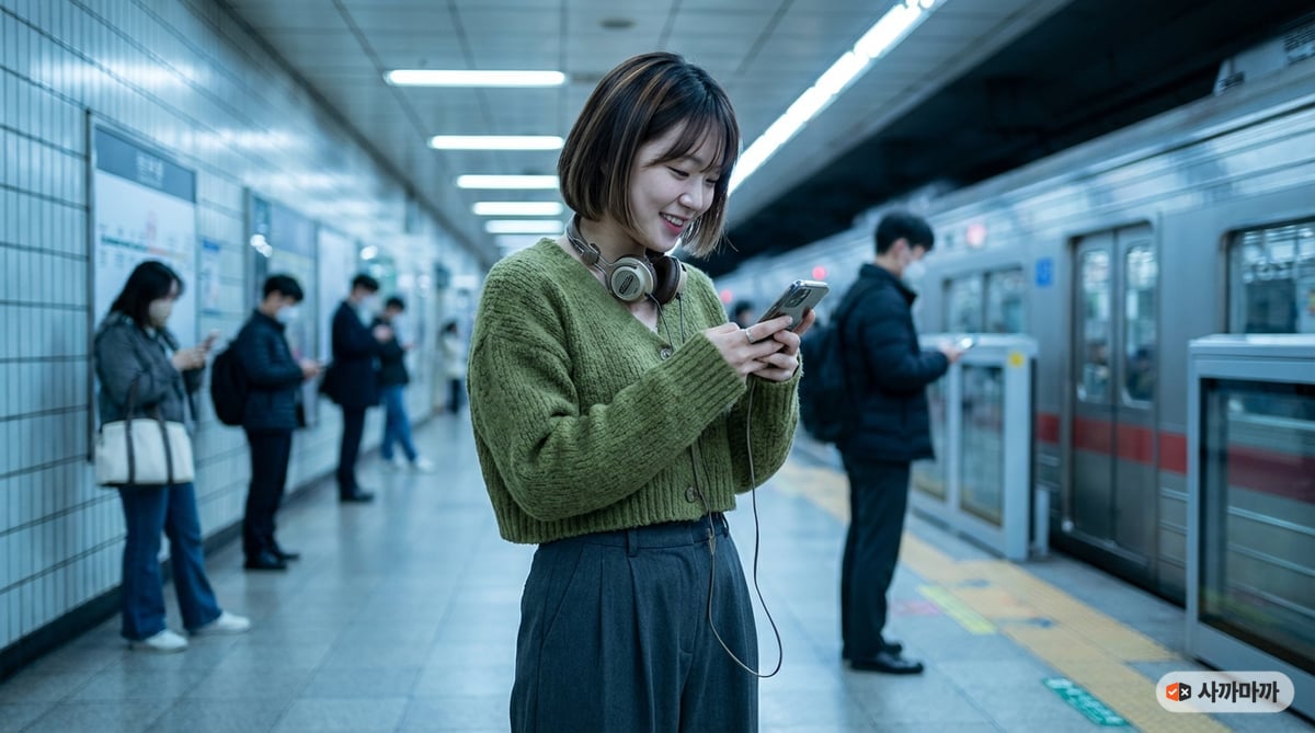 Photorealistic editorial photograph of a trendy Korean woman in her early 20s standing on a Seoul su