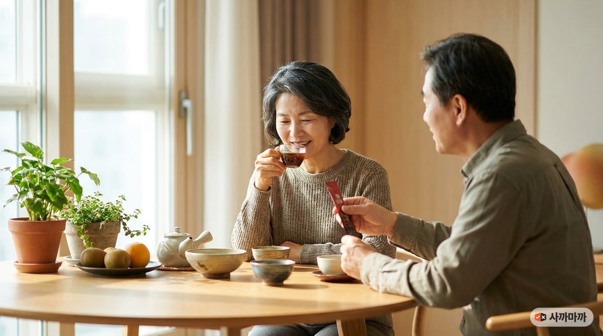 아침 식탁에서 보양식 진액과 홍삼 스틱을 함께 드시는 60대 한국인 부모님 부부