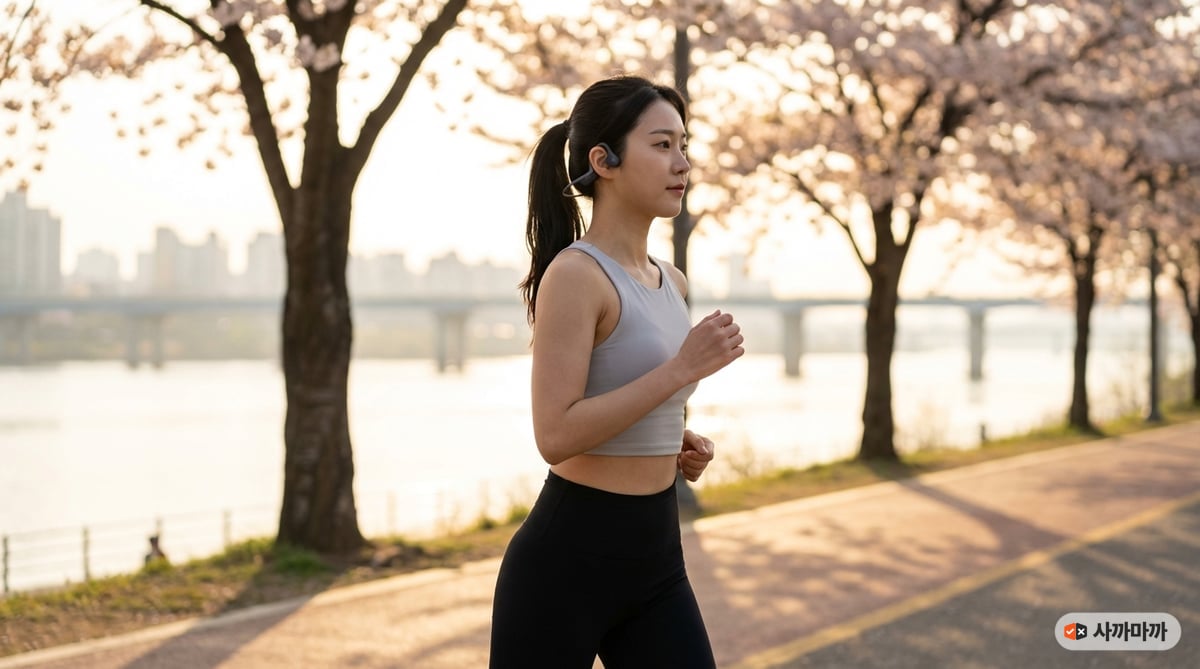 골전도 이어폰을 착용하고 서울 한강 러닝하는 한국인 여성