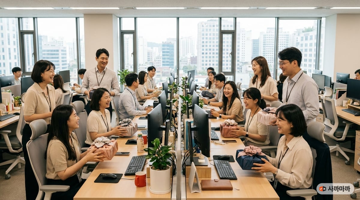밝은 사무실에서 추석 선물세트를 받고 웃고 있는 20~50대 직원들