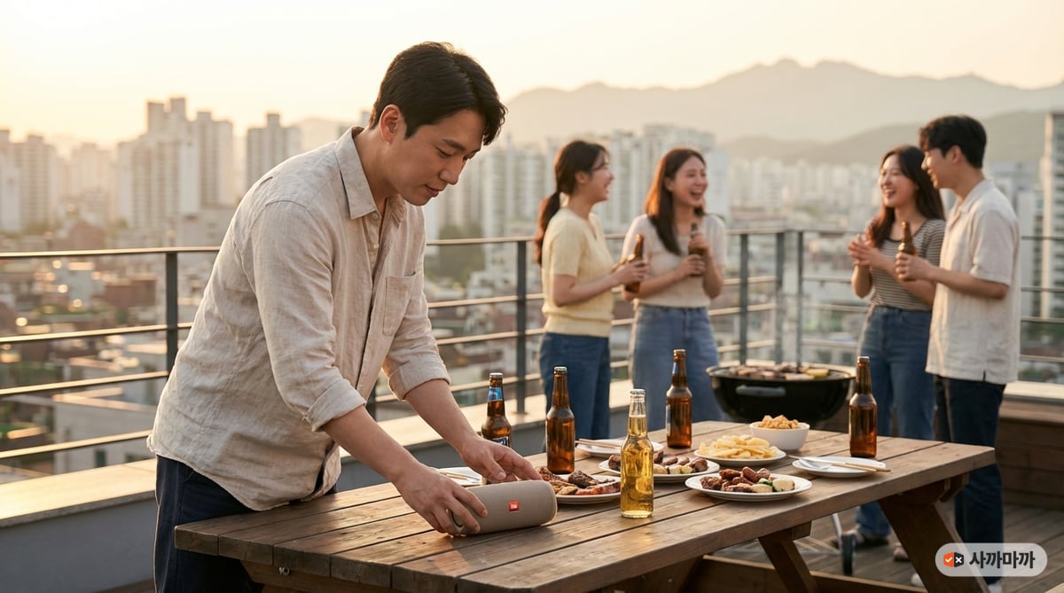 서울 루프탑에서 바베큐 파티를 하며 블루투스 스피커를 나무 테이블에 올려놓은 한국인 남성, 골든아워 석양 빛