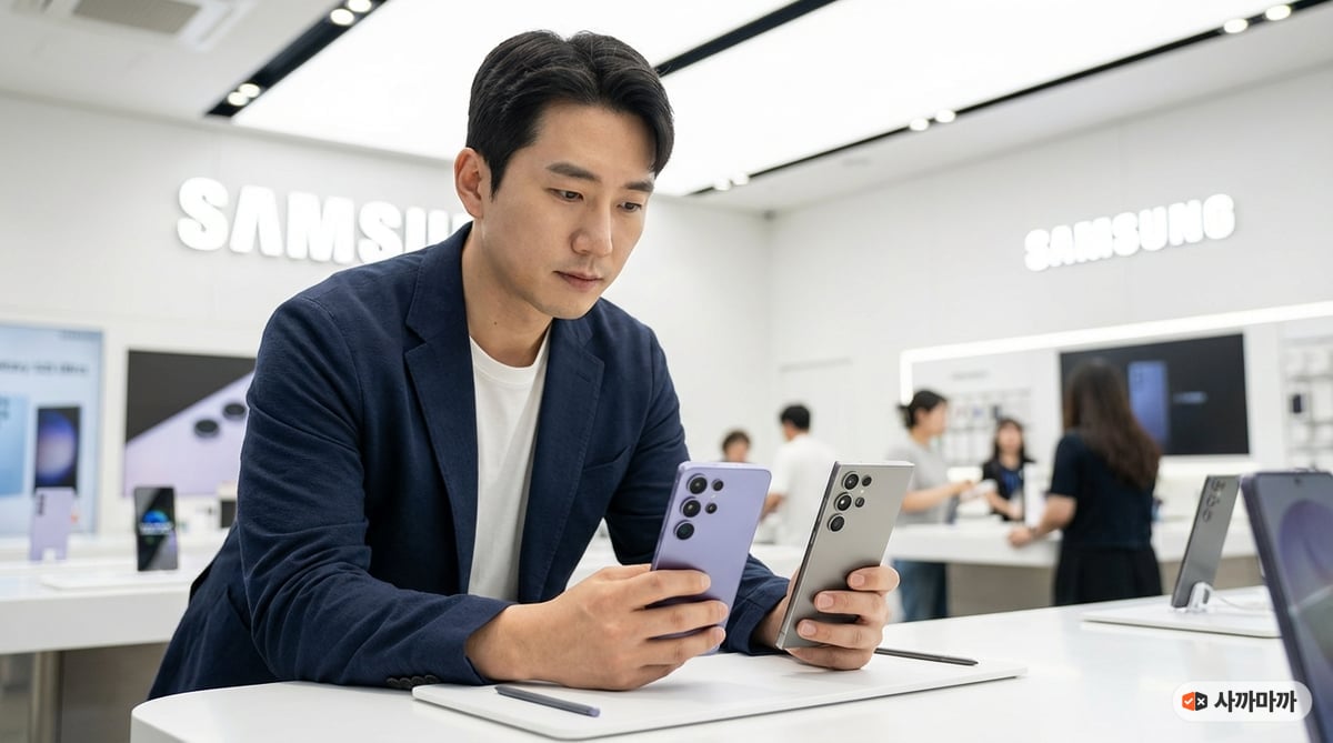 삼성 익스피리언스 스토어에서 갤럭시 S26 Ultra 코발트 바이올렛과 S25 Ultra를 비교하며 고민하는 30대 한국인 남성