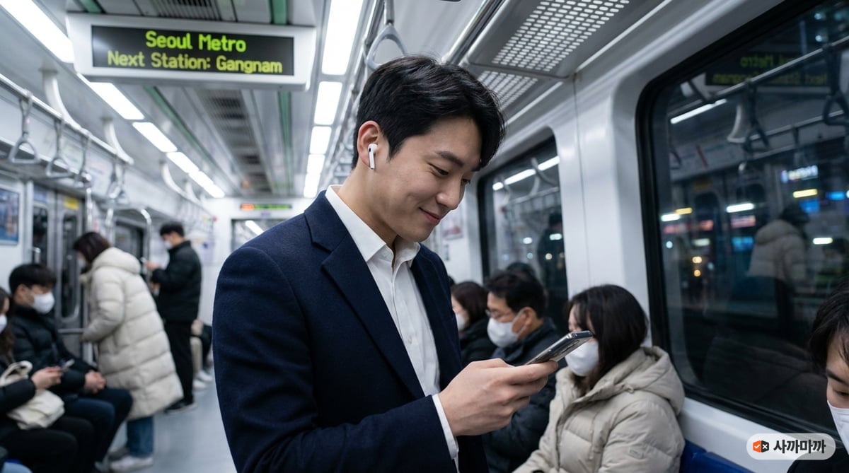 30대 한국인 남성이 서울 지하철에서 무선 이어폰을 착용하고 스마트폰을 보며 미소 짓는 출퇴근 모습