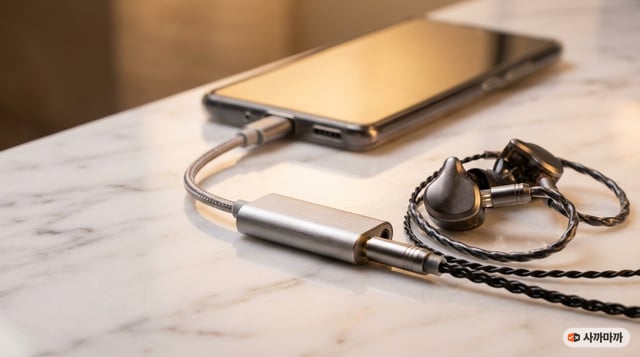 스마트폰에 연결된 USB-C 동글 DAC과 유선 이어폰 세팅