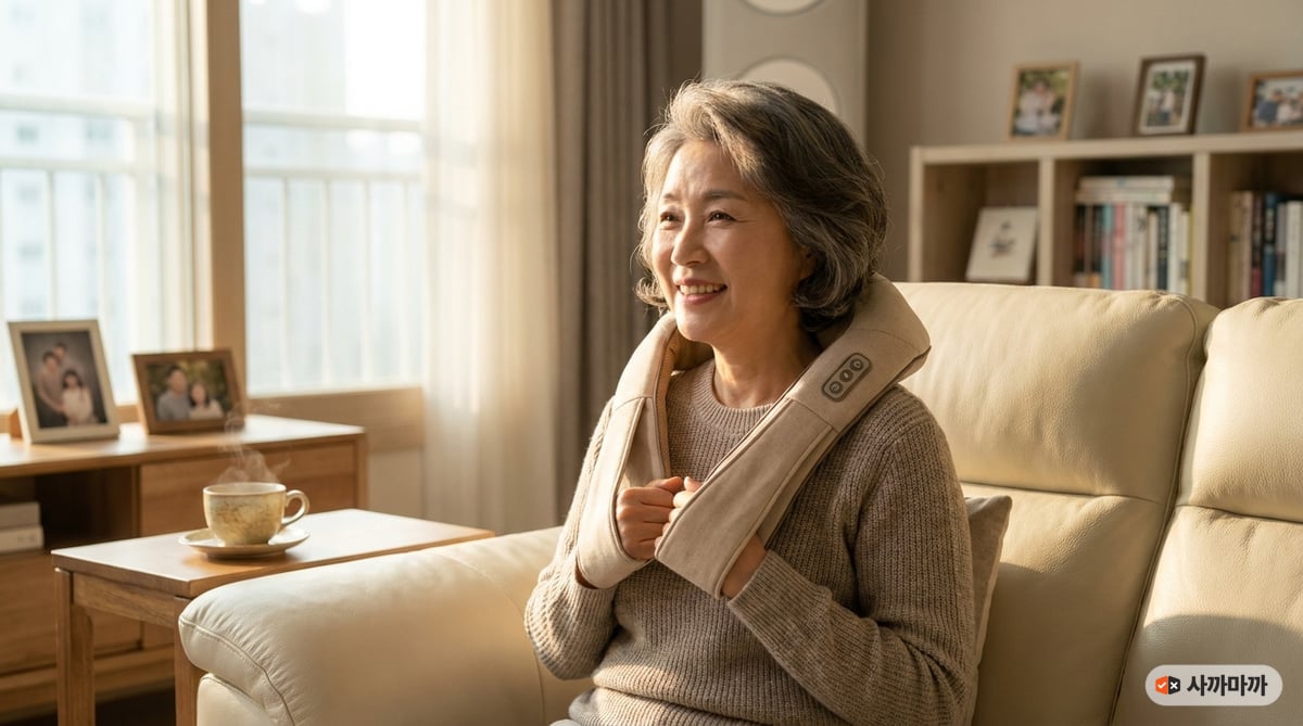 60대 여성이 거실 소파에서 목·어깨 안마기를 착용하고 편안하게 미소 짓는 모습