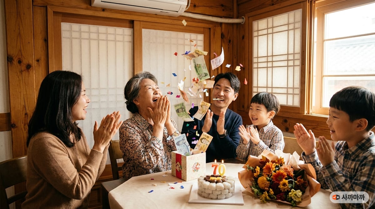 칠순잔치에서 용돈 이벤트 상자를 열자 지폐가 나와 웃음이 터진 70대 어머니와 박수치는 가족들