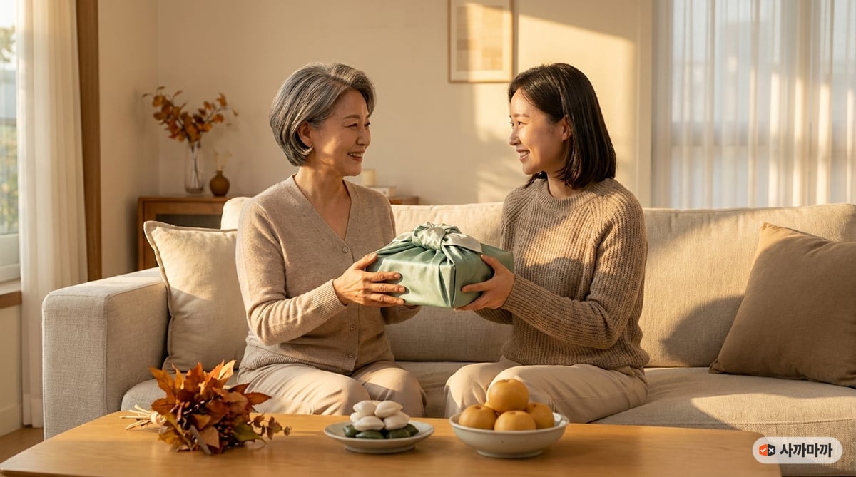 추석 명절 거실에서 30대 딸이 60대 어머니에게 보자기로 포장한 선물을 건네는 따뜻한 모습
