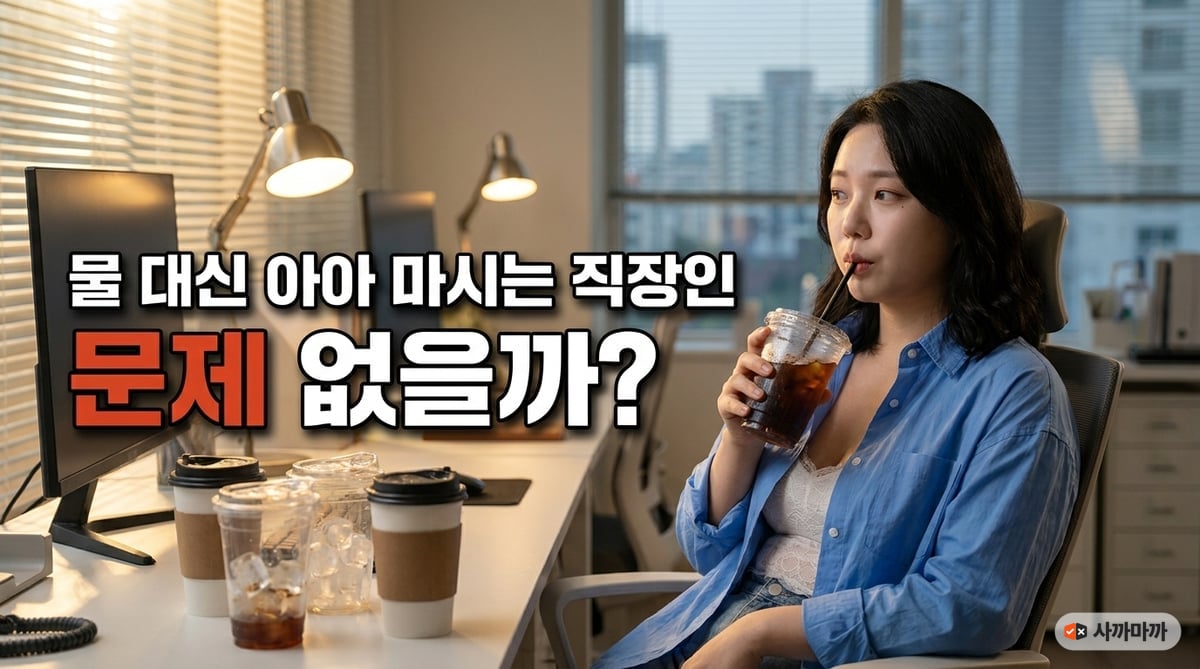 퇴근 무렵 사무실 책상에서 아이스아메리카노를 빨대로 마시며 빈 컵들을 곁눈질하는 직장인 여성