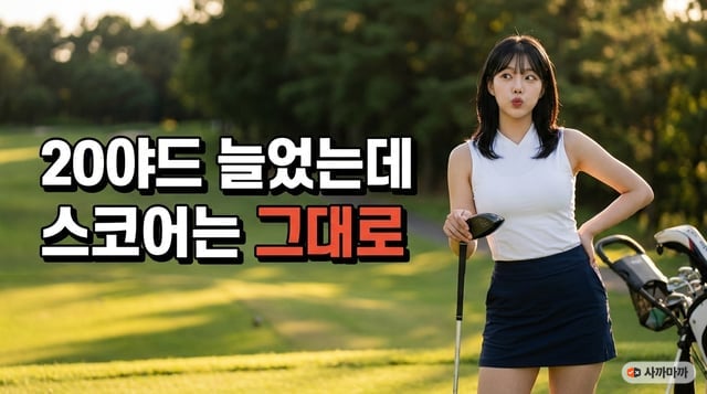 해 질 녘 티박스에서 드라이버를 짚고 서서 공이 떨어진 쪽을 갸웃하며 바라보는 여성 골퍼