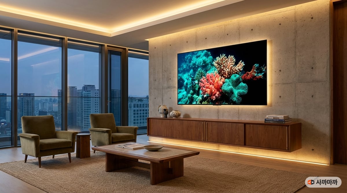 프리미엄 한국 아파트 거실의 콘크리트 벽에 마운트된 77인치 OLED TV가 선명한 산호초 장면을 보여주고, 따뜻한 LED 간접 조명과 미드센추리 가구가 어우러진 인테리어