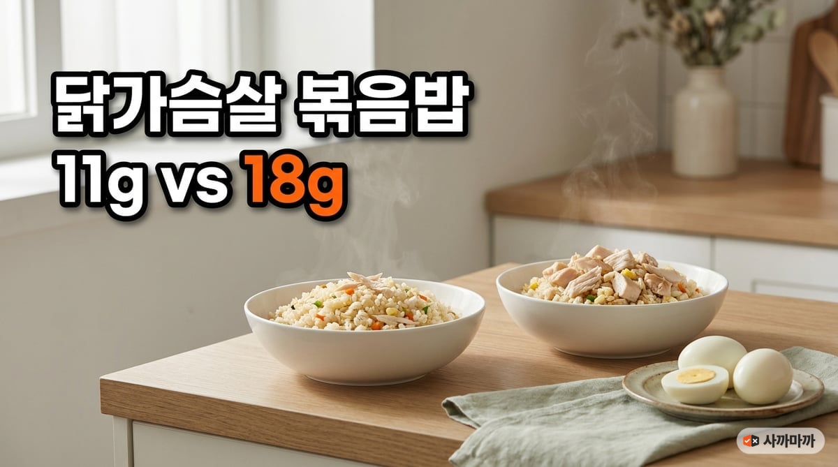 닭가슴살 볶음밥 두 그릇을 나란히 놓고 닭 조각이 적은 쪽과 많은 쪽을 비교한 주방 사진