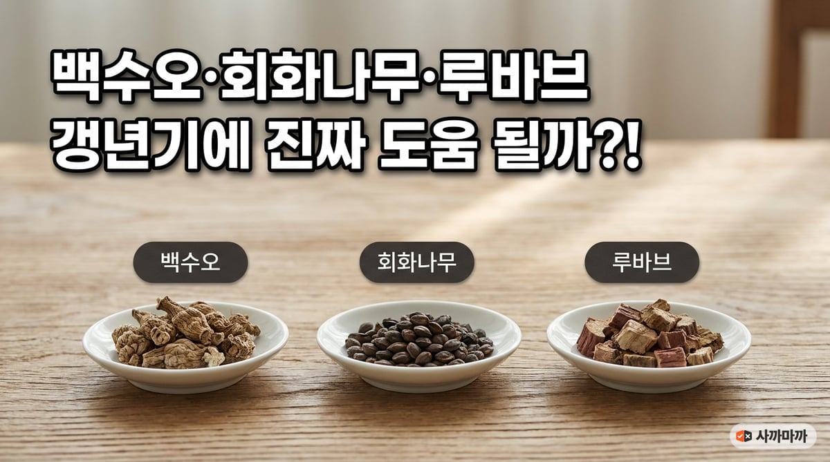 백수오·회화나무열매·루바브뿌리 세 원료를 접시에 담아 나란히 놓은 사진
