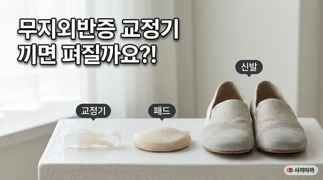 무지외반증 교정기·패드·넣은 발볼 신발을 나란히 놓고 비교한 사진