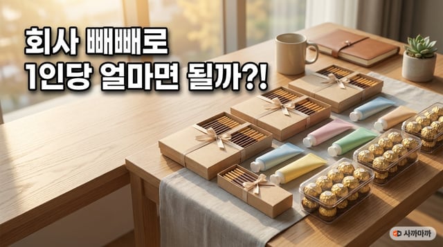 사무실 책상 위에 팀원 수만큼 나란히 놓인 빼빼로 상자와 핸드크림, 페레로로쉐 초콜릿