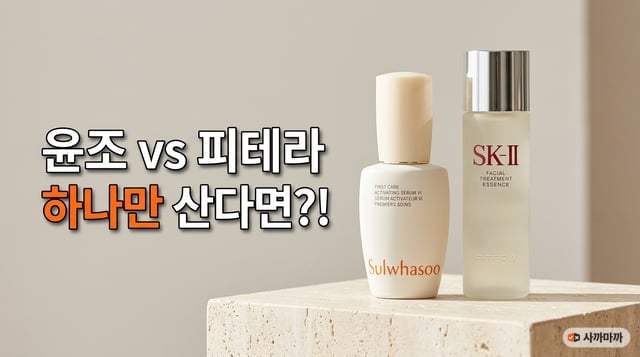 설화수 윤조에센스 6세대와 SK-II 피테라 에센스 병을 나란히 놓은 비교