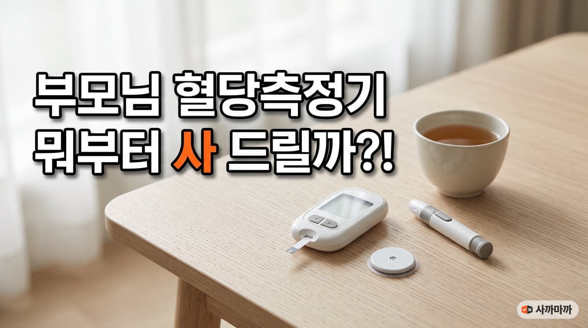 원목 식탁 위에 손끝 채혈 혈당측정기와 채혈기, 동그란 연속혈당측정기 센서를 놓은 부모님 혈당측정기 썸네일